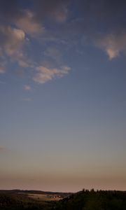 Preview wallpaper sky, clouds, field, aesthetics, trees, sunset, landscape