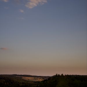 Preview wallpaper sky, clouds, field, aesthetics, trees, sunset, landscape