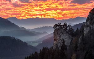 Preview wallpaper sky, clouds, fog, sunrise, mountains