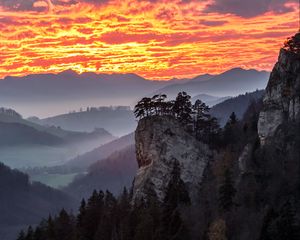 Preview wallpaper sky, clouds, fog, sunrise, mountains