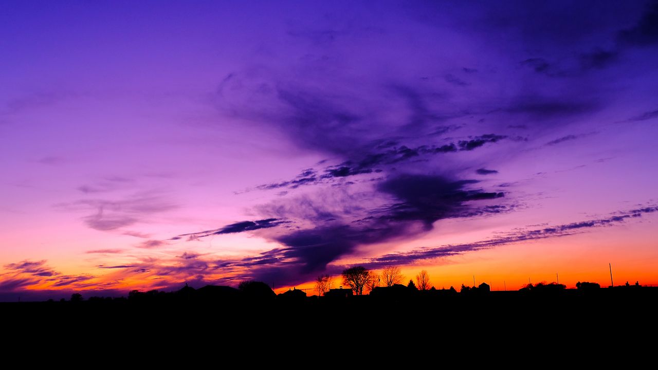 Wallpaper sky, clouds, horizon, houses, blue, pink, orange