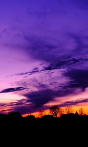 Preview wallpaper sky, clouds, horizon, houses, blue, pink, orange