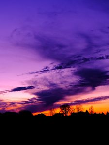 Preview wallpaper sky, clouds, horizon, houses, blue, pink, orange