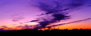 Preview wallpaper sky, clouds, horizon, houses, blue, pink, orange