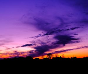 Preview wallpaper sky, clouds, horizon, houses, blue, pink, orange