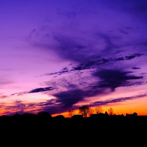 Preview wallpaper sky, clouds, horizon, houses, blue, pink, orange