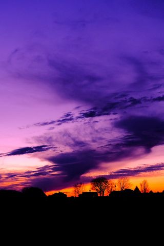320x480 Wallpaper sky, clouds, horizon, houses, blue, pink, orange