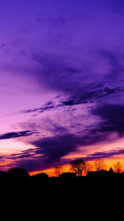 480x854 Wallpaper sky, clouds, horizon, houses, blue, pink, orange