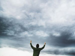 Preview wallpaper sky, clouds, lightning, man, hands