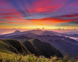 Preview wallpaper sky, clouds, orange, decline, mountains, fog, height, hills, look