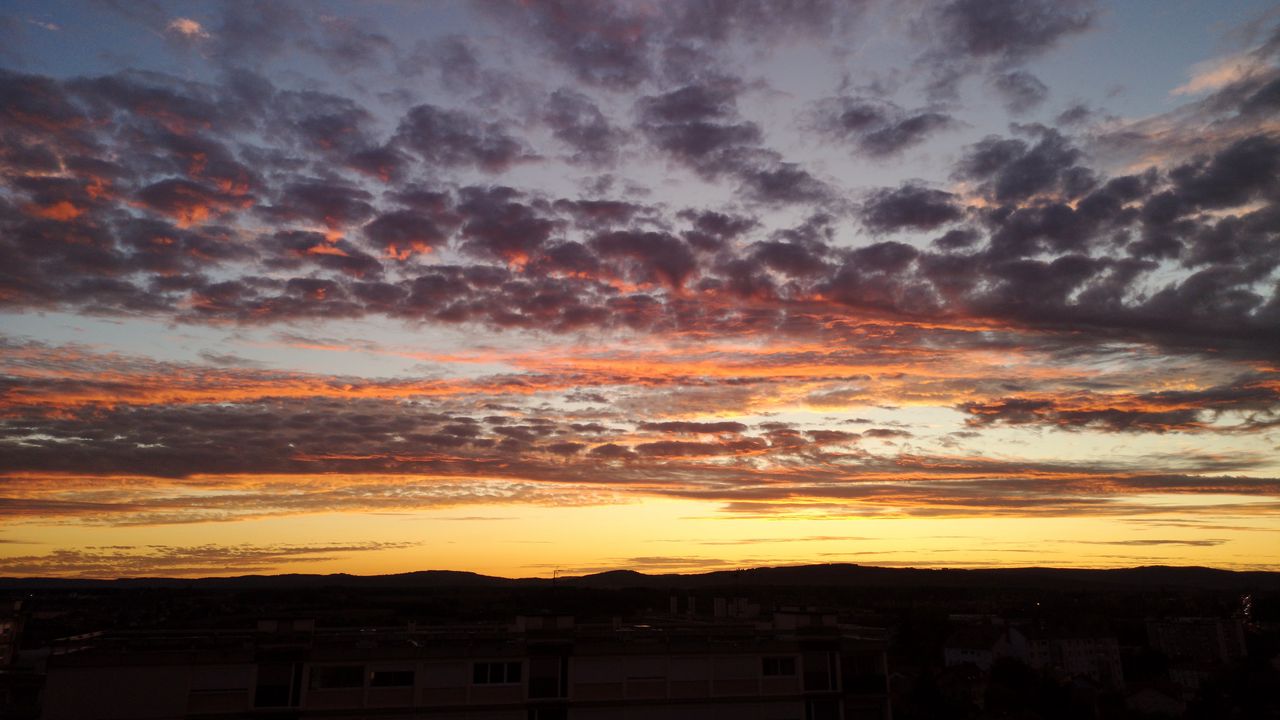 Wallpaper sky, clouds, sunset, building