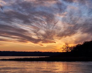 Preview wallpaper sky, clouds, sunset, river, trees, landscape