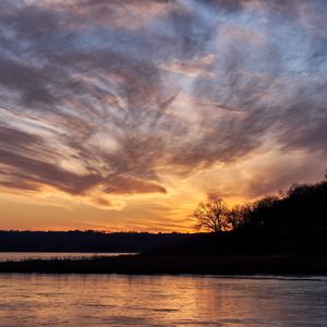 Preview wallpaper sky, clouds, sunset, river, trees, landscape