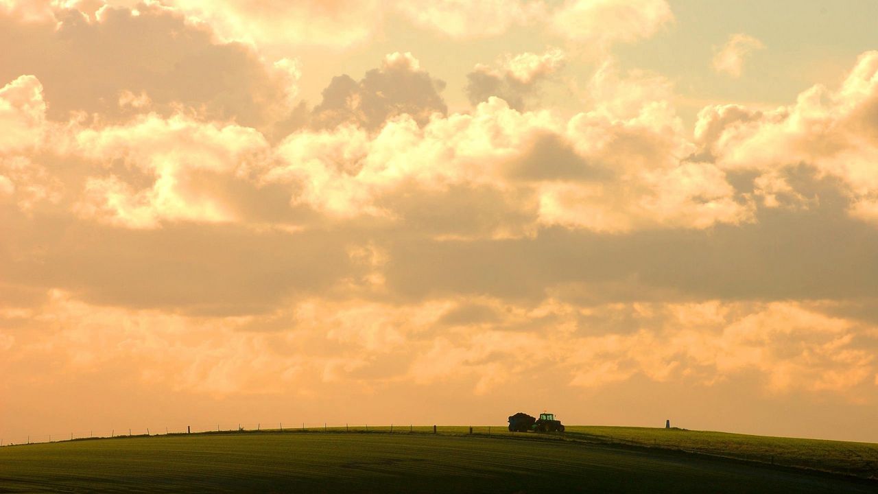 Wallpaper sky, clouds, tractor, field, village