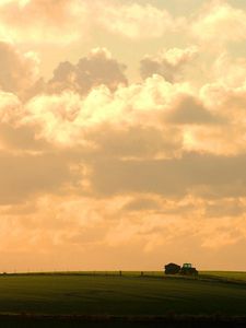 Preview wallpaper sky, clouds, tractor, field, village