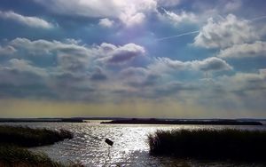 Preview wallpaper sky, clouds, water, thickets, canes, ripples