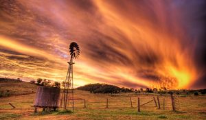 Preview wallpaper sky, evening, mill, transformer, current, field, clouds