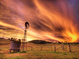 Preview wallpaper sky, evening, mill, transformer, current, field, clouds