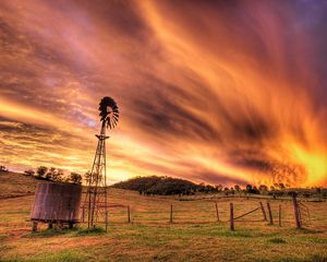 Preview wallpaper sky, evening, mill, transformer, current, field, clouds