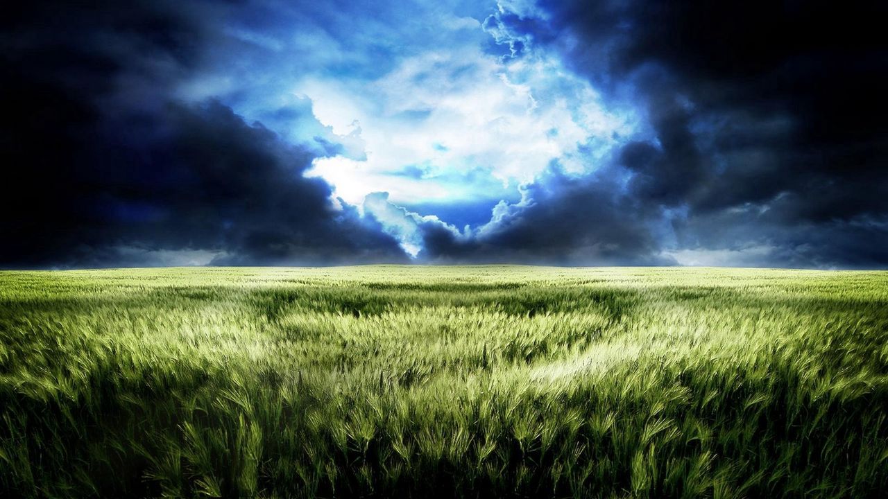 Wallpaper sky, field, gloomy, dark blue, gleam, bad weather