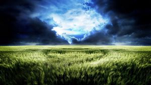 Preview wallpaper sky, field, gloomy, dark blue, gleam, bad weather