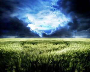 Preview wallpaper sky, field, gloomy, dark blue, gleam, bad weather