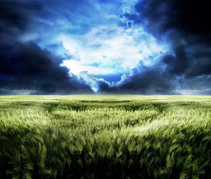 Preview wallpaper sky, field, gloomy, dark blue, gleam, bad weather
