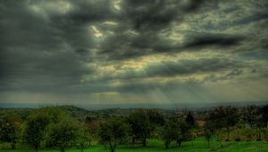 Preview wallpaper sky, gray, clouds, beams, sun, trees