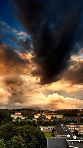 Preview wallpaper sky, gray, clouds, beams, sun, trees