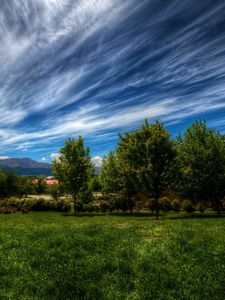 Preview wallpaper sky, lines, clouds, trees, grass