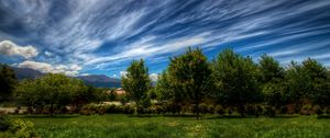 Preview wallpaper sky, lines, clouds, trees, grass