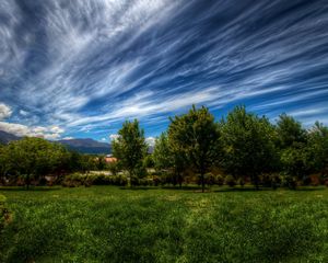 Preview wallpaper sky, lines, clouds, trees, grass