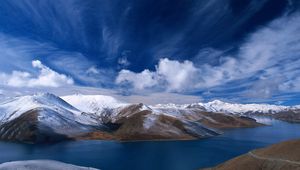 Preview wallpaper sky, mountains, hills, river, clouds, bends, water