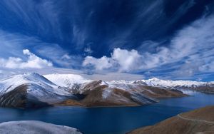 Preview wallpaper sky, mountains, hills, river, clouds, bends, water