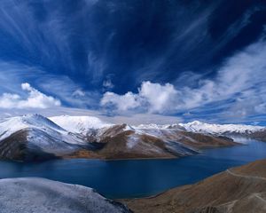 Preview wallpaper sky, mountains, hills, river, clouds, bends, water