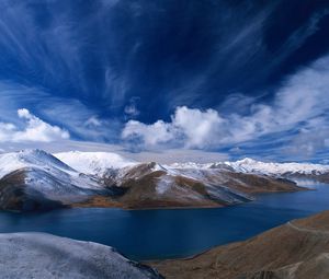 Preview wallpaper sky, mountains, hills, river, clouds, bends, water