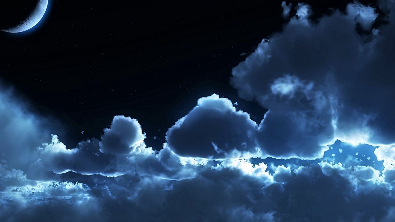 Wallpaper sky, night, clouds, air, stars, moon, tranquillity