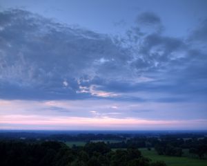 Preview wallpaper sky, plain, trees, height, morning