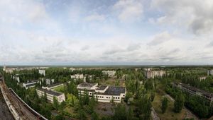 Preview wallpaper sky, roof, apartments, trees, ghost town