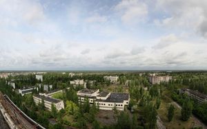 Preview wallpaper sky, roof, apartments, trees, ghost town