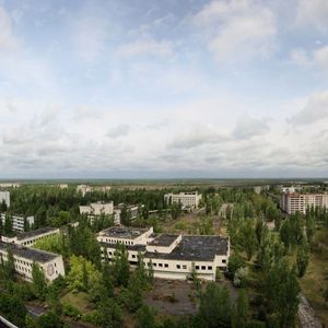 Preview wallpaper sky, roof, apartments, trees, ghost town