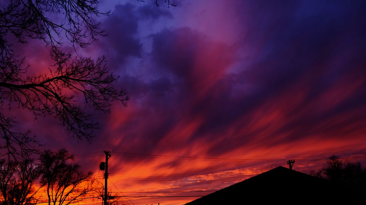 Wallpaper sky, roof of house, pole, wires, trees, bright