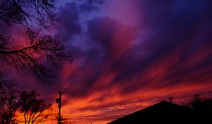 Preview wallpaper sky, roof of house, pole, wires, trees, bright