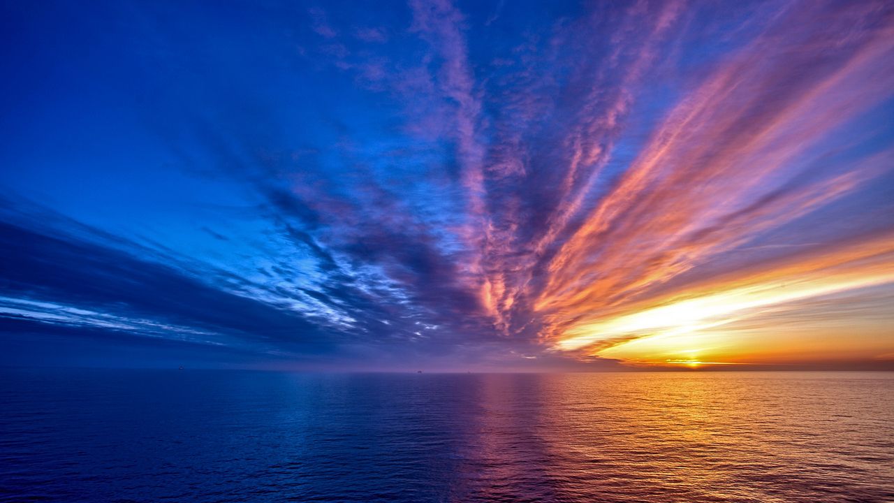 Wallpaper sky, sea, clouds, decline, orange, colors, ripples, strips