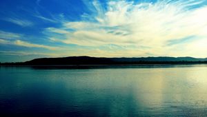 Preview wallpaper sky, sea, mountains, clouds, ripples, colors, paints, azure, light