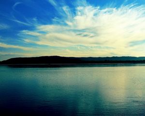 Preview wallpaper sky, sea, mountains, clouds, ripples, colors, paints, azure, light