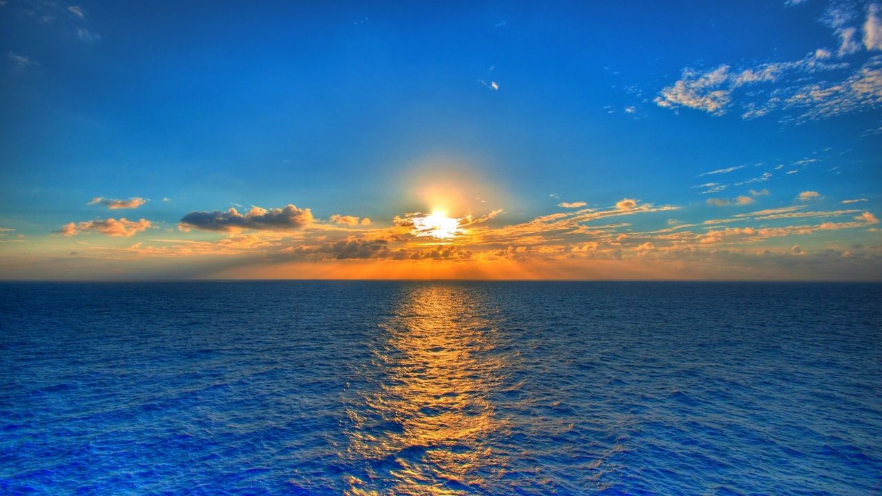 Wallpaper sky, sun, sea, path, reflection, clouds, ripples, horizon, line