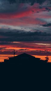 Preview wallpaper sky, sunset, building, cloudy, clouds