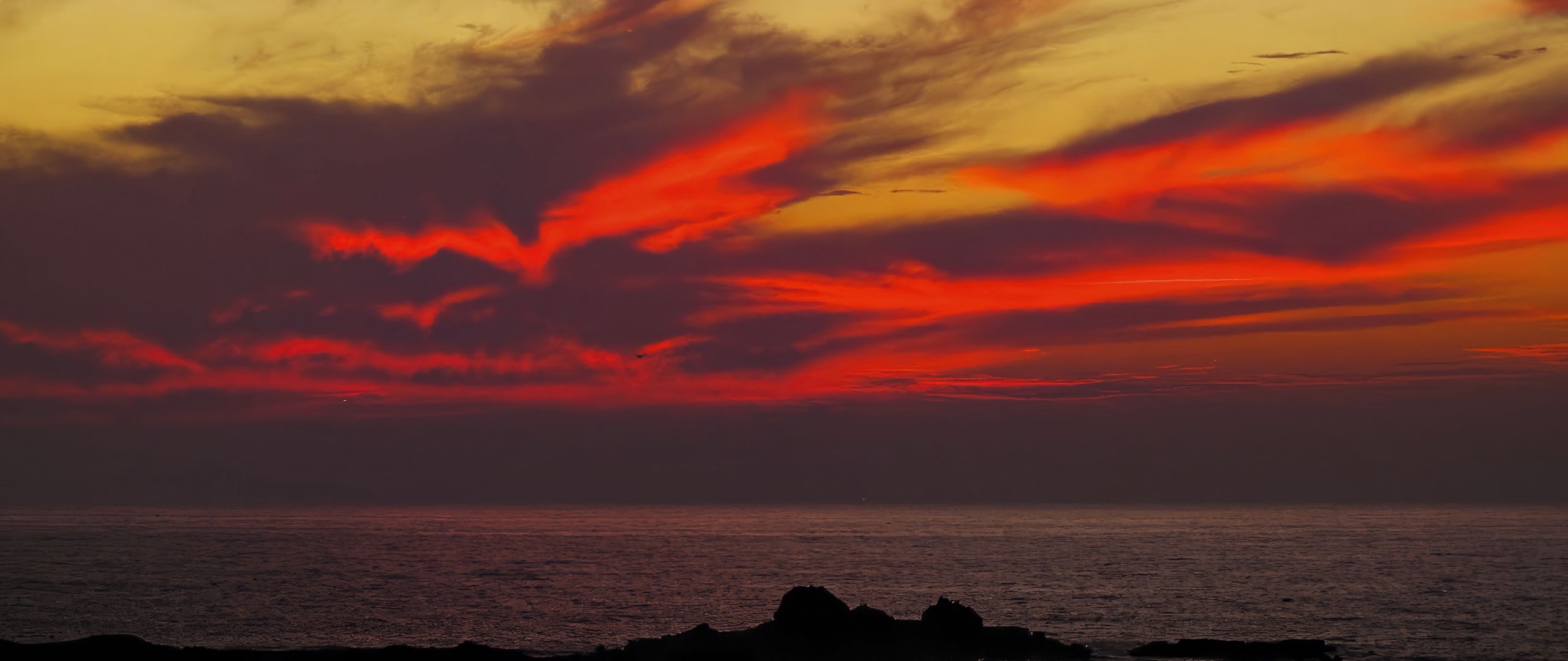 2560x1080 Wallpaper sky, sunset, clouds, sea, hills