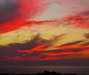 Preview wallpaper sky, sunset, clouds, sea, hills